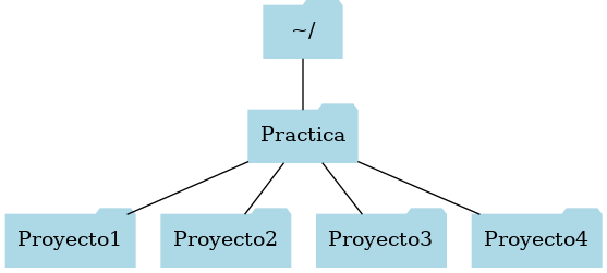 digraph estructura {
   node [shape=folder, style=filled, color=lightblue];
   edge [dir=none];

   Raiz [label="~/"];
   Practica [label="Practica"];
   Proyecto1 [label="Proyecto1"];
   Proyecto2 [label="Proyecto2"];
   Proyecto3 [label="Proyecto3"];
   Proyecto4 [label="Proyecto4"];

   Raiz -> Practica;
   Practica -> Proyecto1;
   Practica -> Proyecto2;
   Practica -> Proyecto3;
   Practica -> Proyecto4;
}